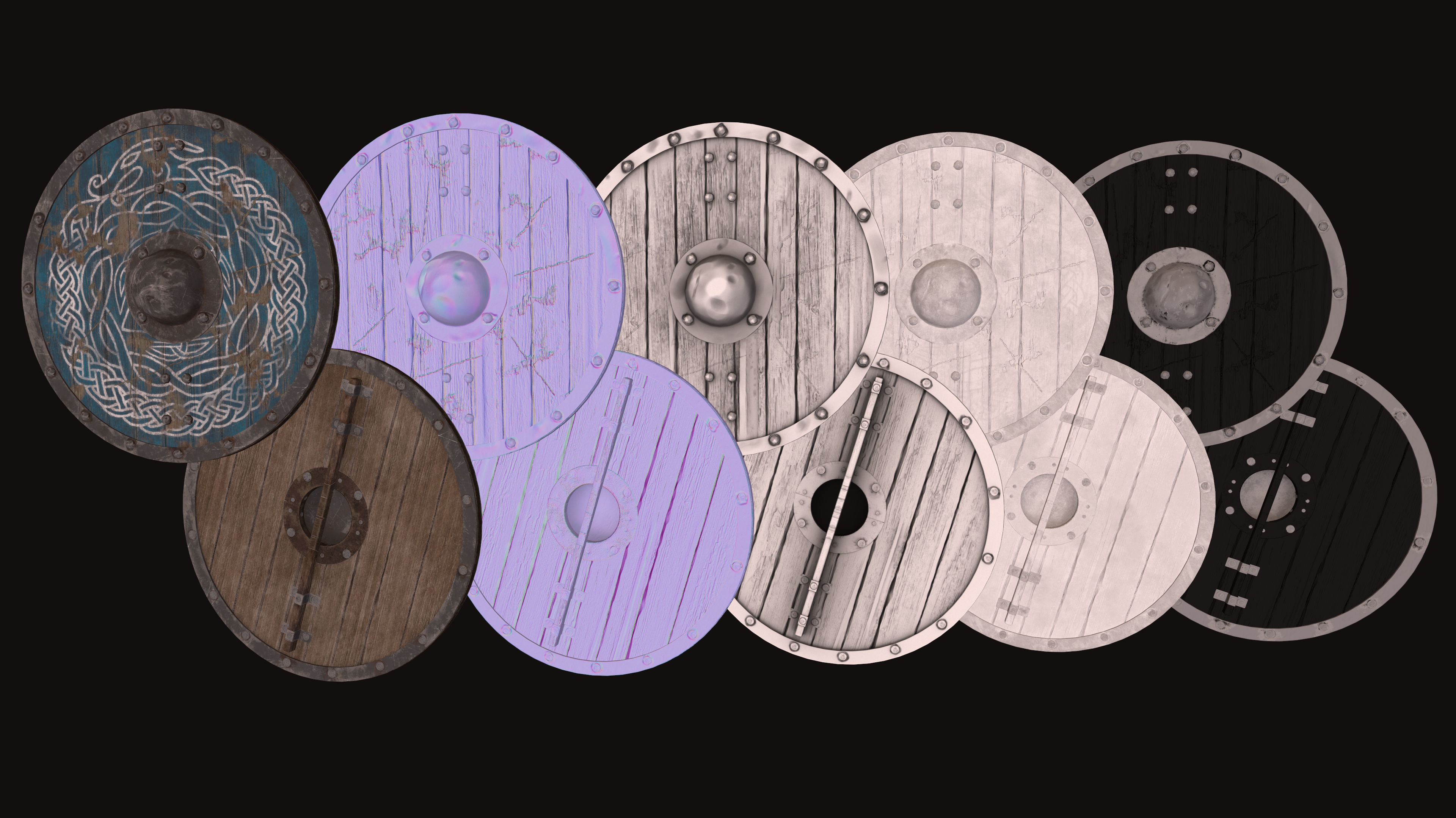 Set of Medieval round viking shield Game ready Low-poly 3D model_21