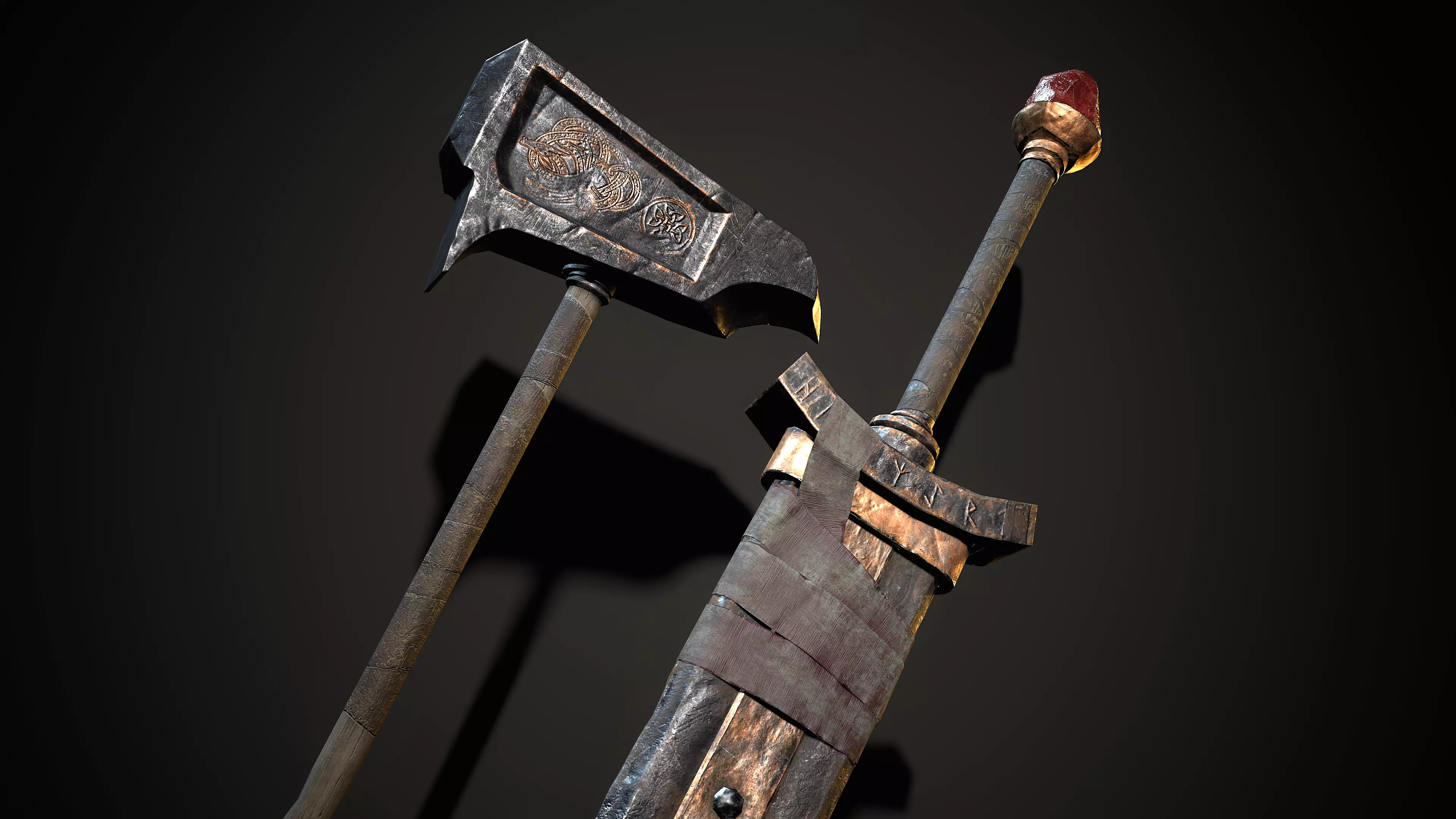 Great viking sword Great viking war hammer Medieval weapon pack Low-poly 3D model_0