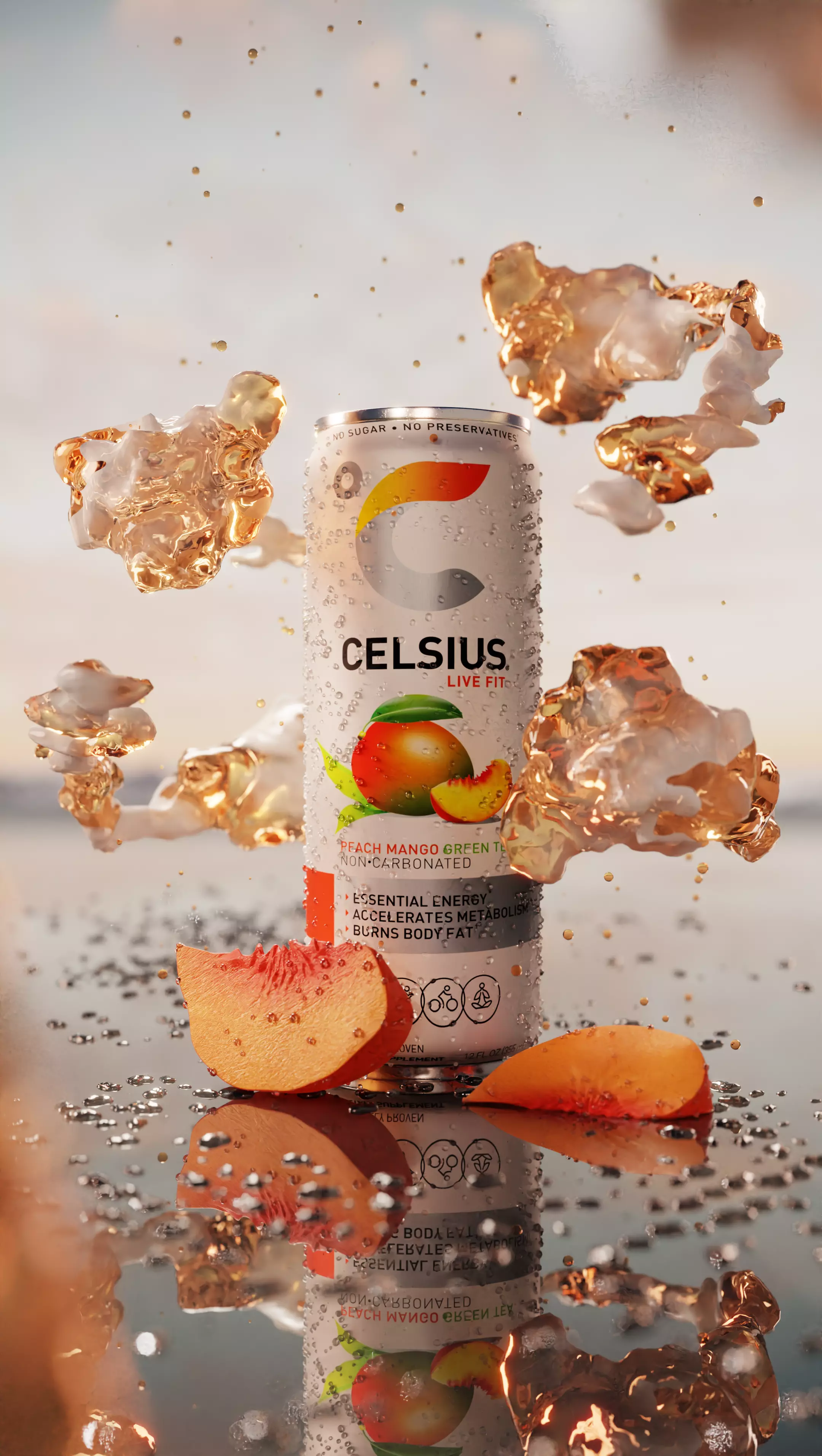 Celsius Peach Mango Can Product Animation Scene 3D model_0