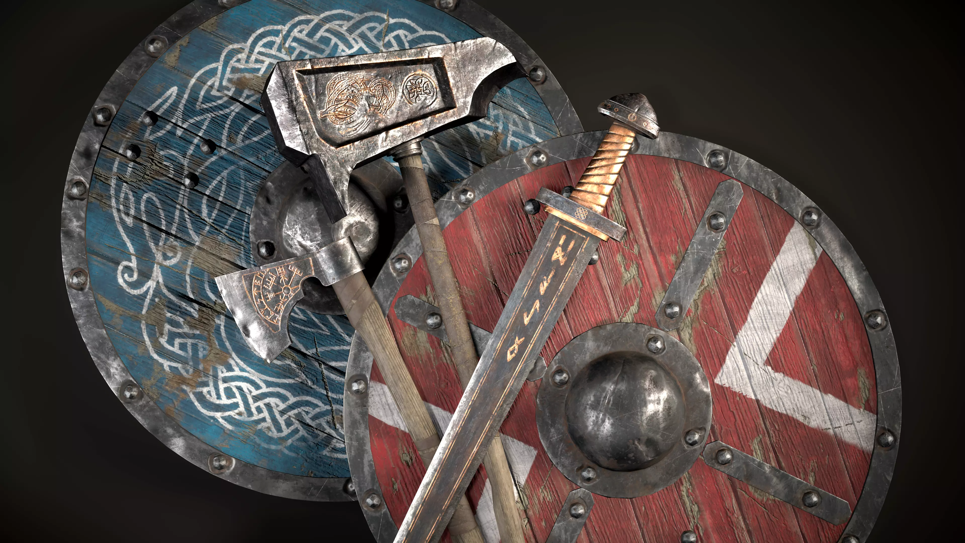 Great viking war hammer Viking axe Viking sword Viking Shields  Low-poly 3D model_0