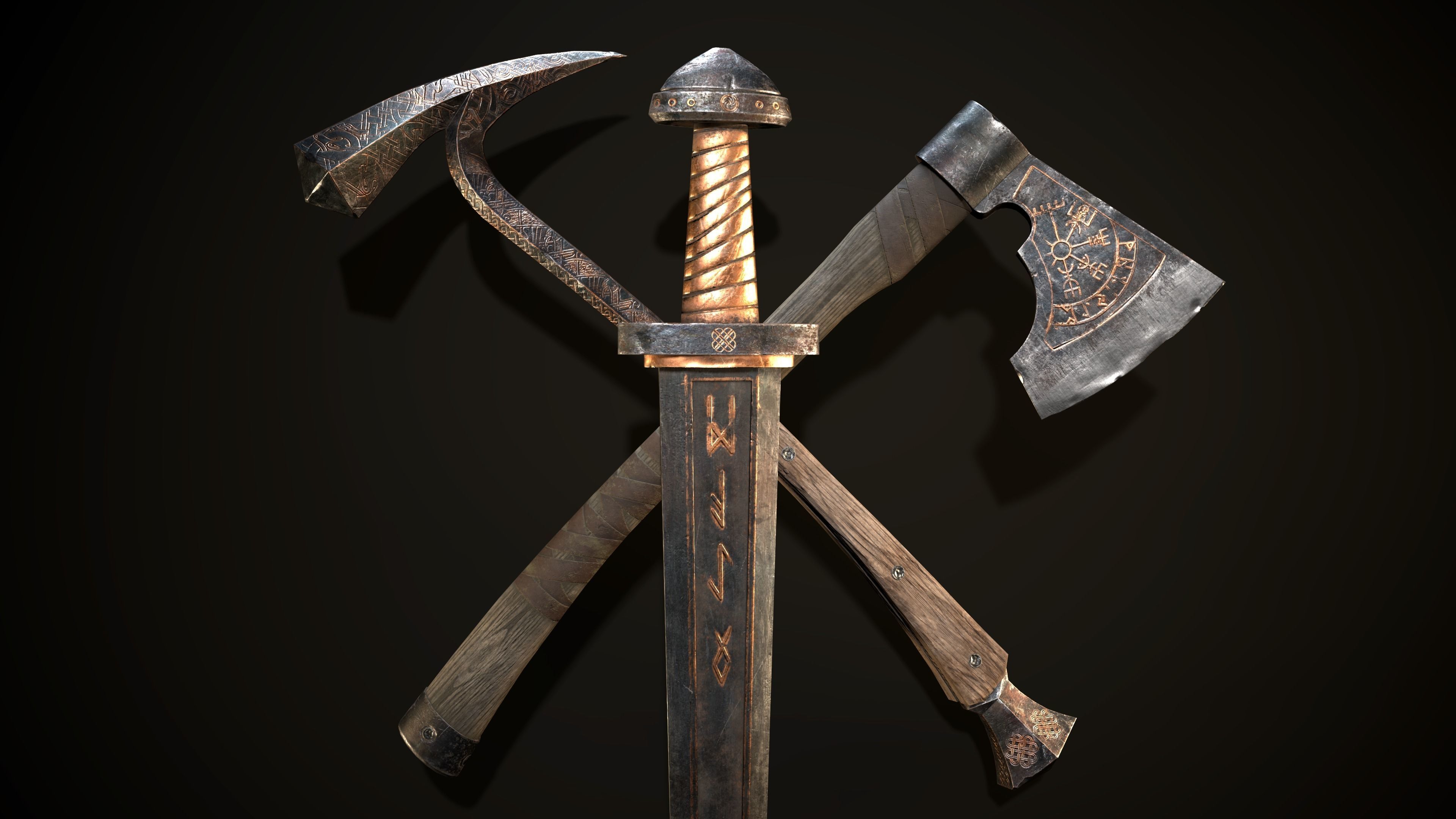 Viking Sword Axe War hammer Great sword Great war hammer Shields Low-poly 3D model_13