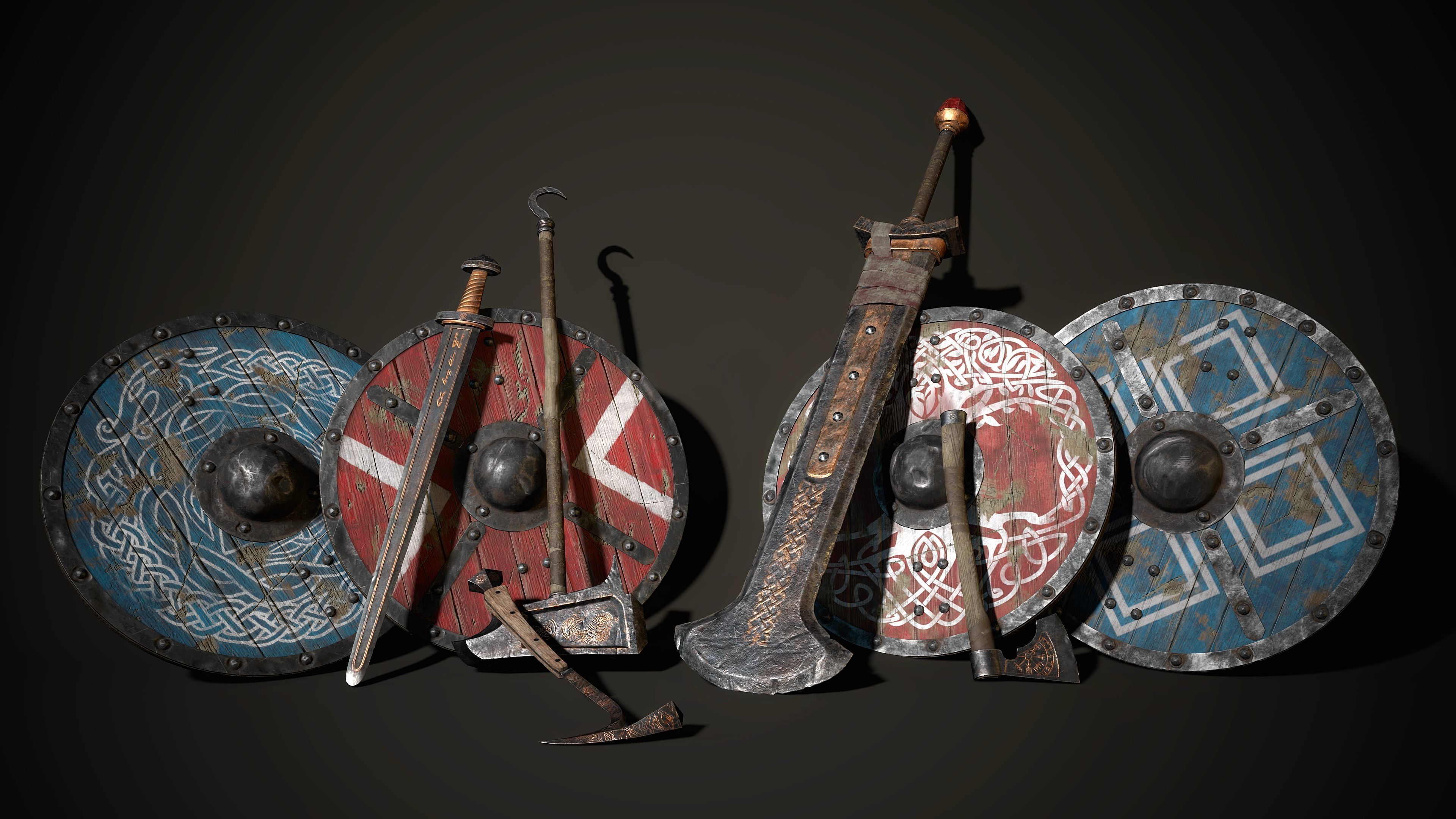 Viking Sword Axe War hammer Great sword Great war hammer Shields Low-poly 3D model_10