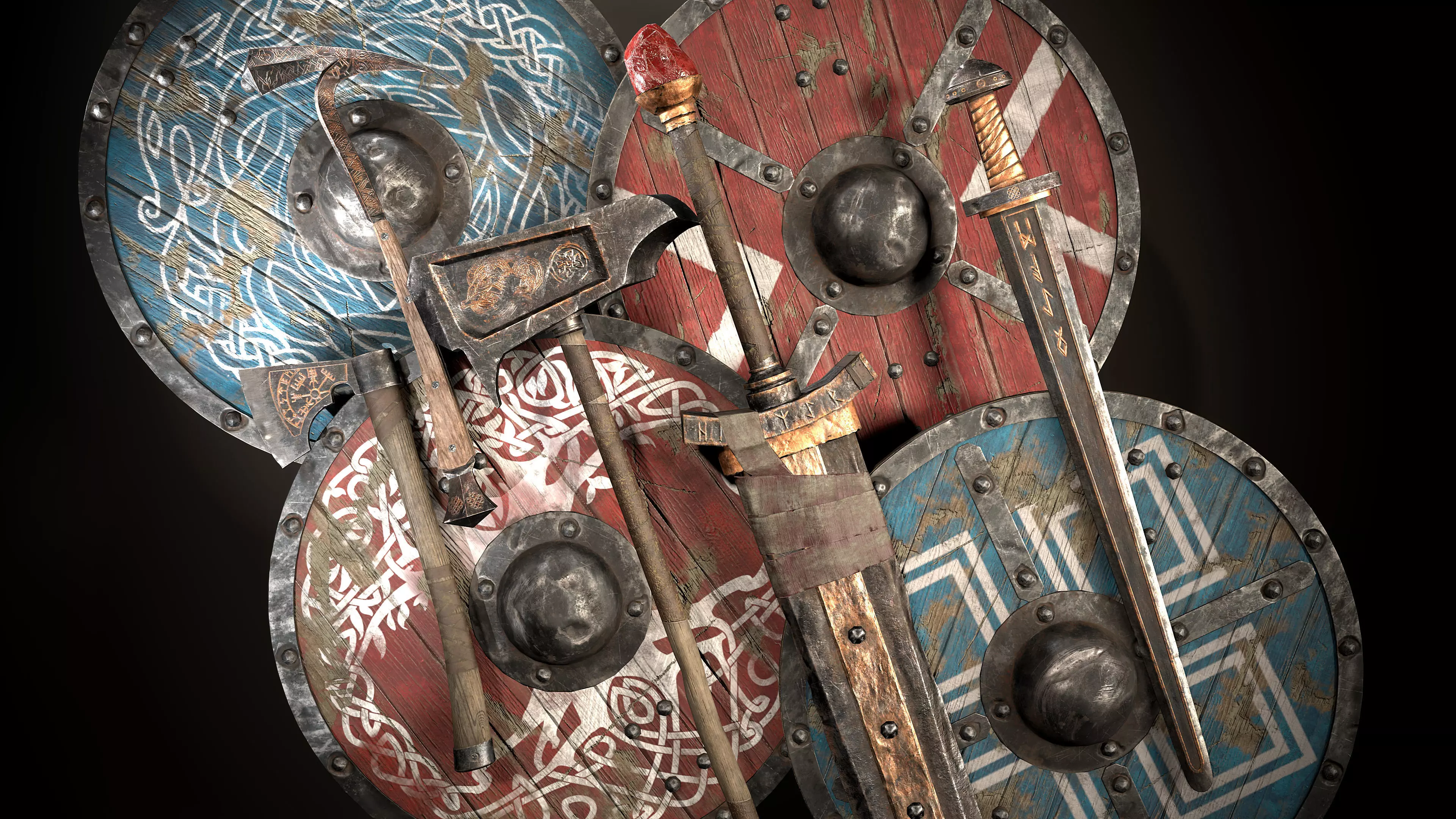 Viking Sword Axe War hammer Great sword Great war hammer Shields Low-poly 3D model_0