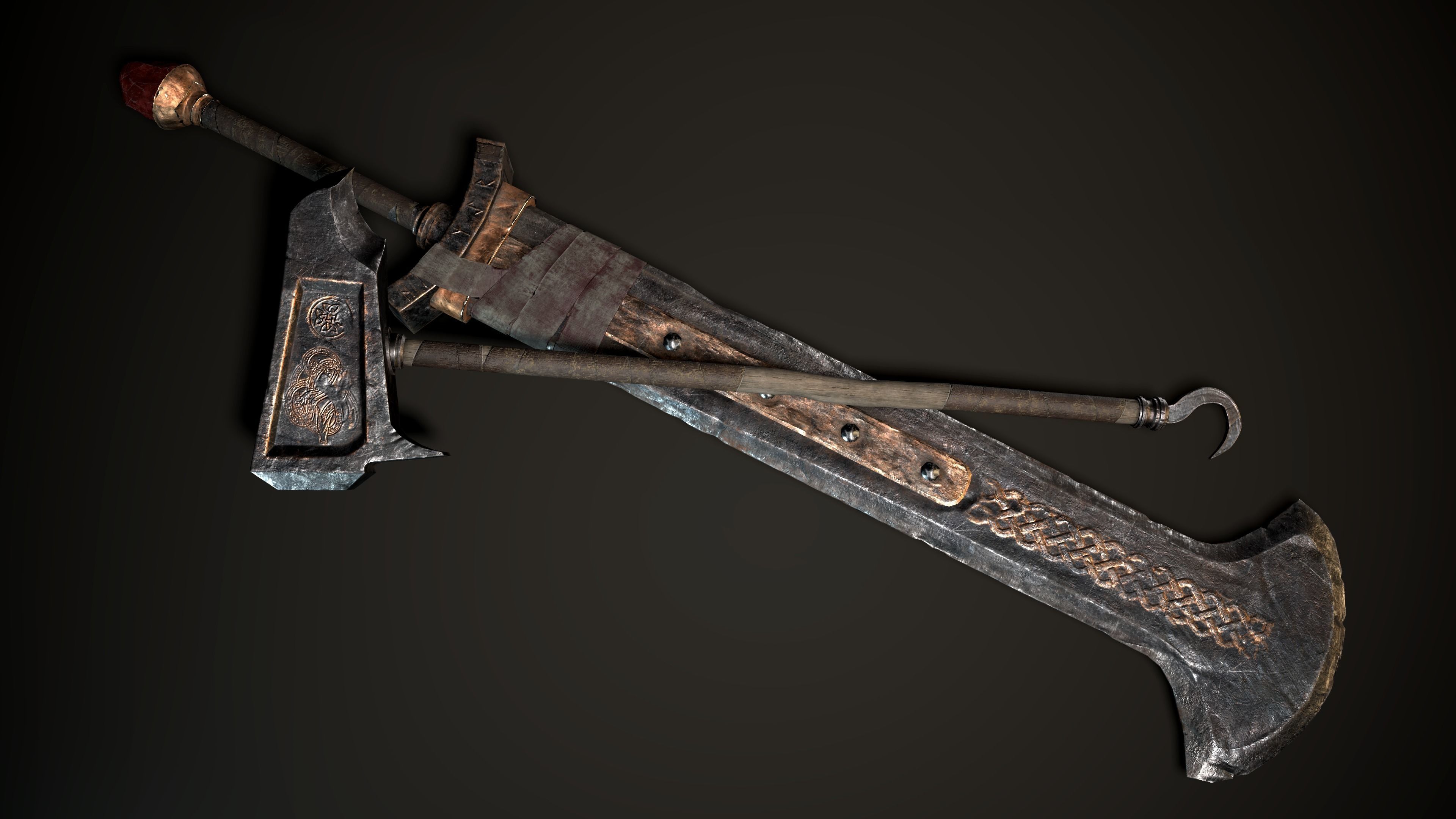 Viking Sword Axe War hammer Great sword Great war hammer Shields Low-poly 3D model_11