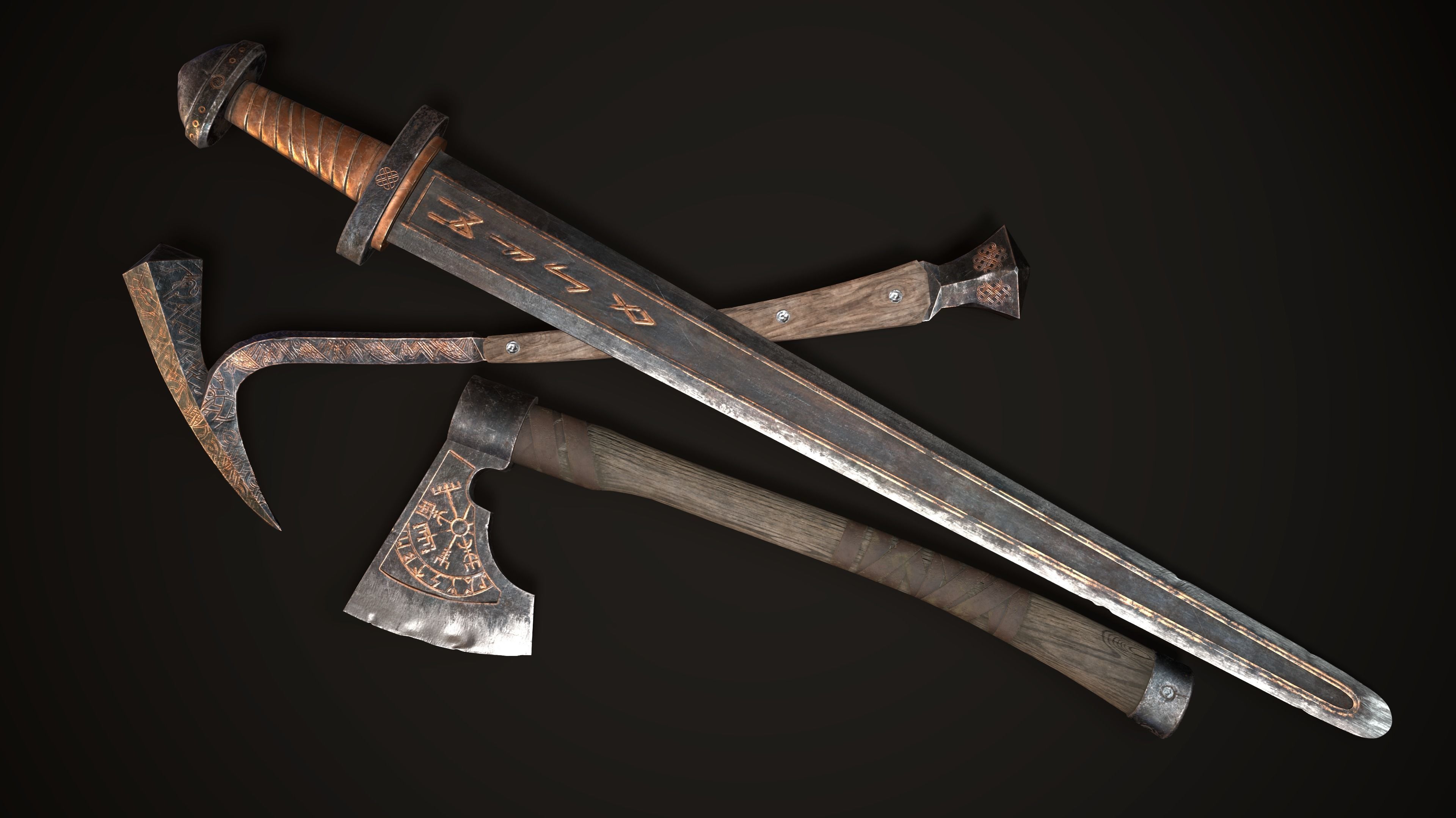 Viking Sword Axe War hammer Great sword Great war hammer Shields Low-poly 3D model_14