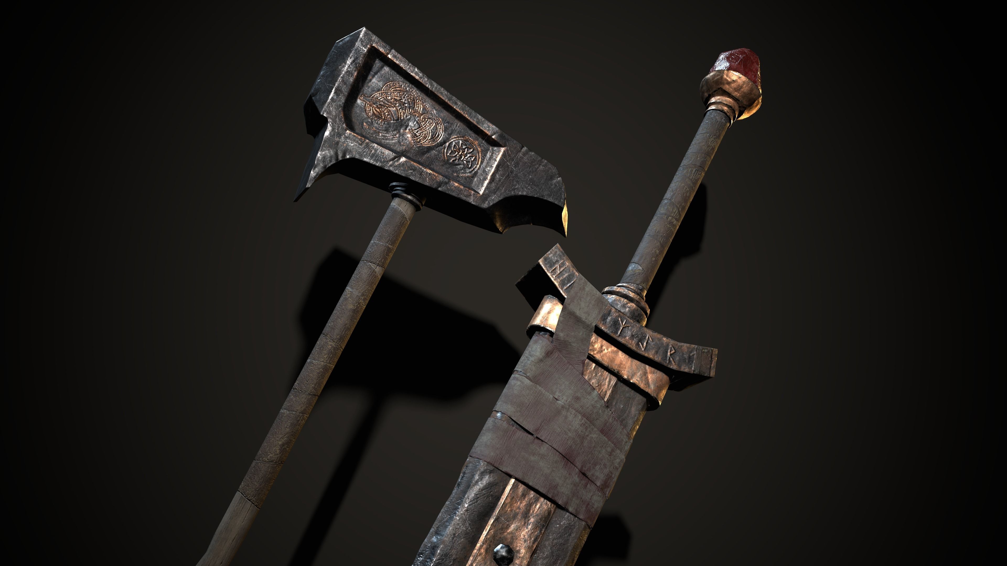 Viking Sword Axe War hammer Great sword Great war hammer Shields Low-poly 3D model_12