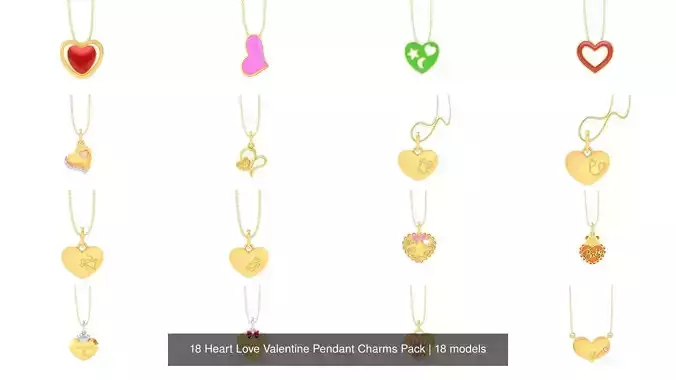 18 Heart Love Valentine Pendant Charms Pack 3D Model Collection
