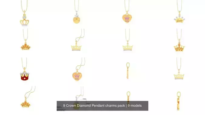 9 Crown Diamond Pendant charms pack 3D Model Collection