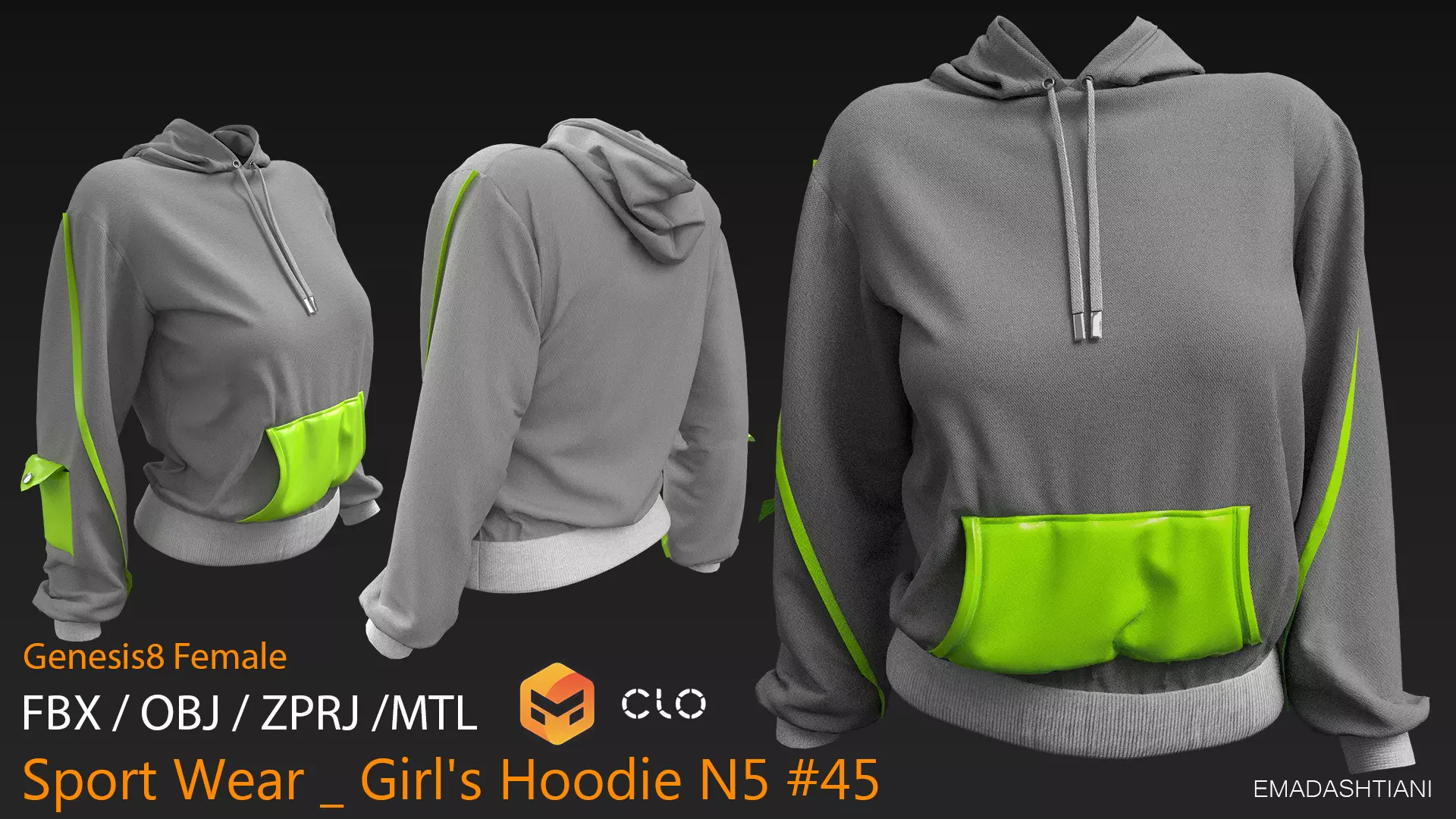 Sport Wear Girls Hoodie N5 45 CLO3D ZPRJ FBX OBJ MTL 3D model
