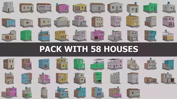 Pack Of Slum Houses 2 - 58 houses Low-poly 3D model