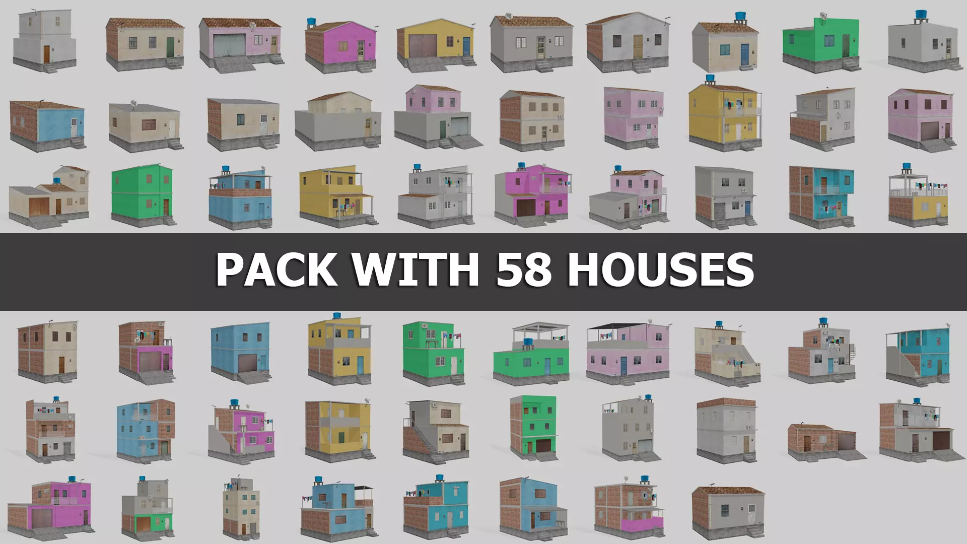 Pack Of Slum Houses 2 - 58 houses Low-poly 3D model_0