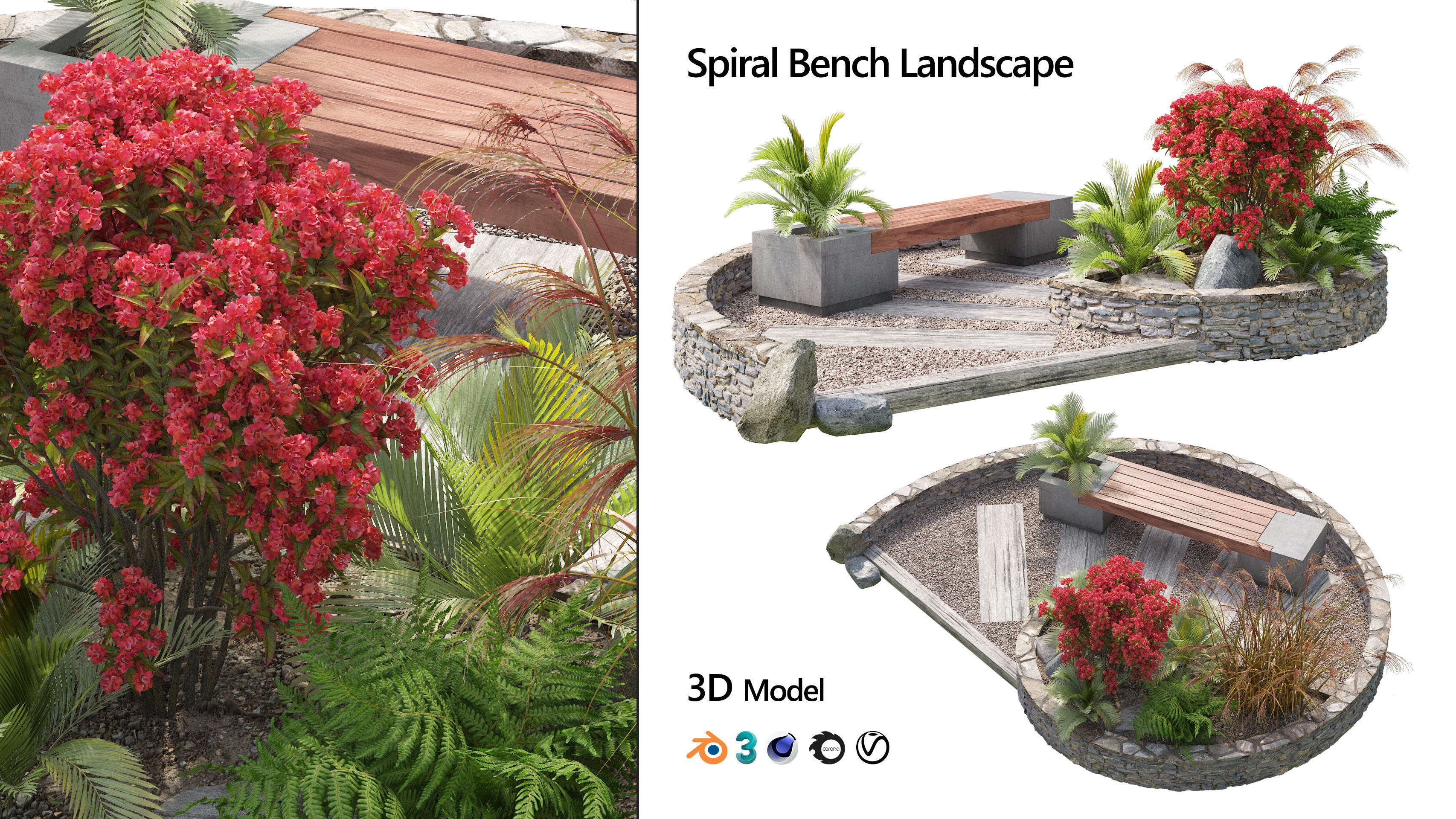 Spiral landscape bench with flower planter 3d model 3D model_6