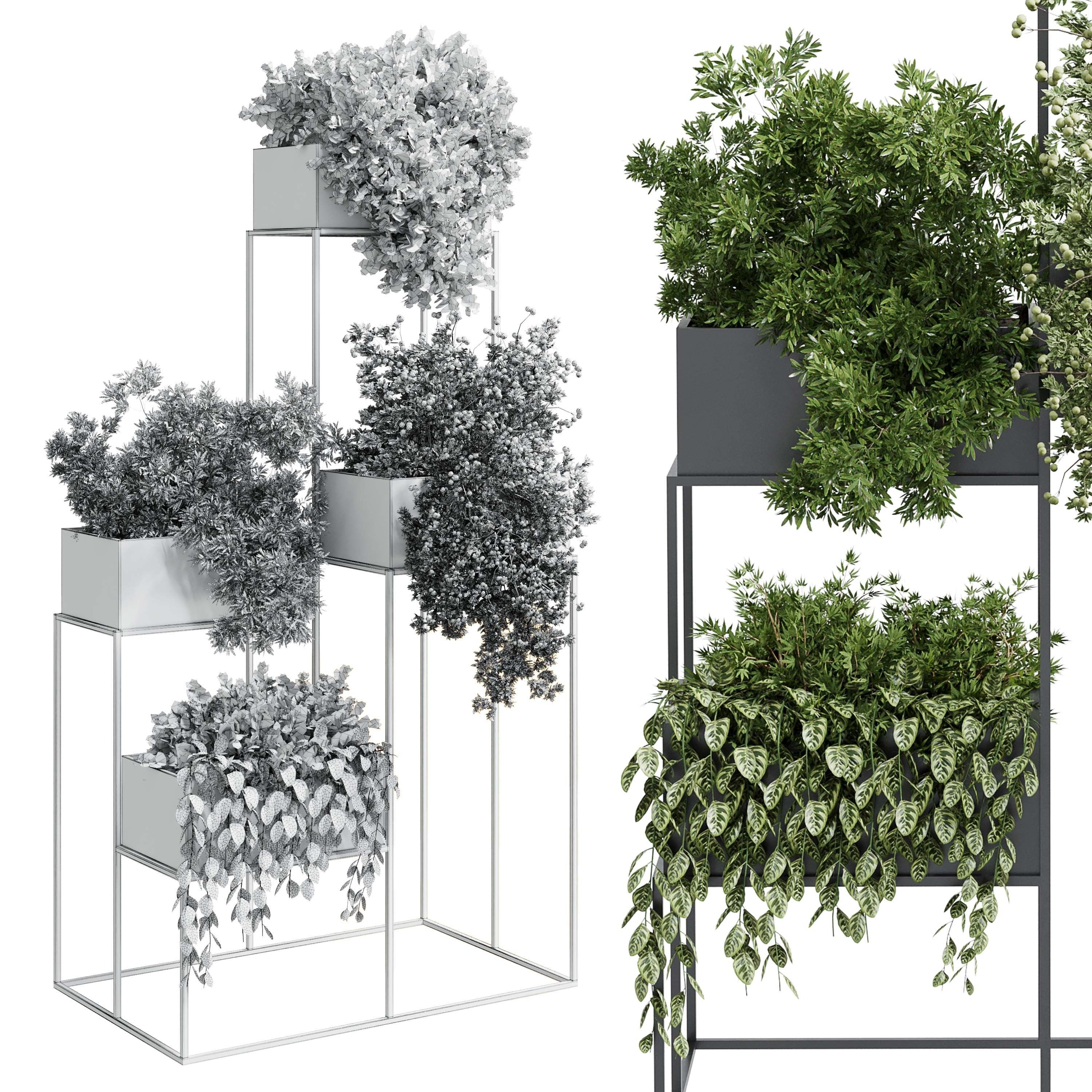Standing metal shelf with a set of plants in metal boxes 355 Low-poly 3D model_4