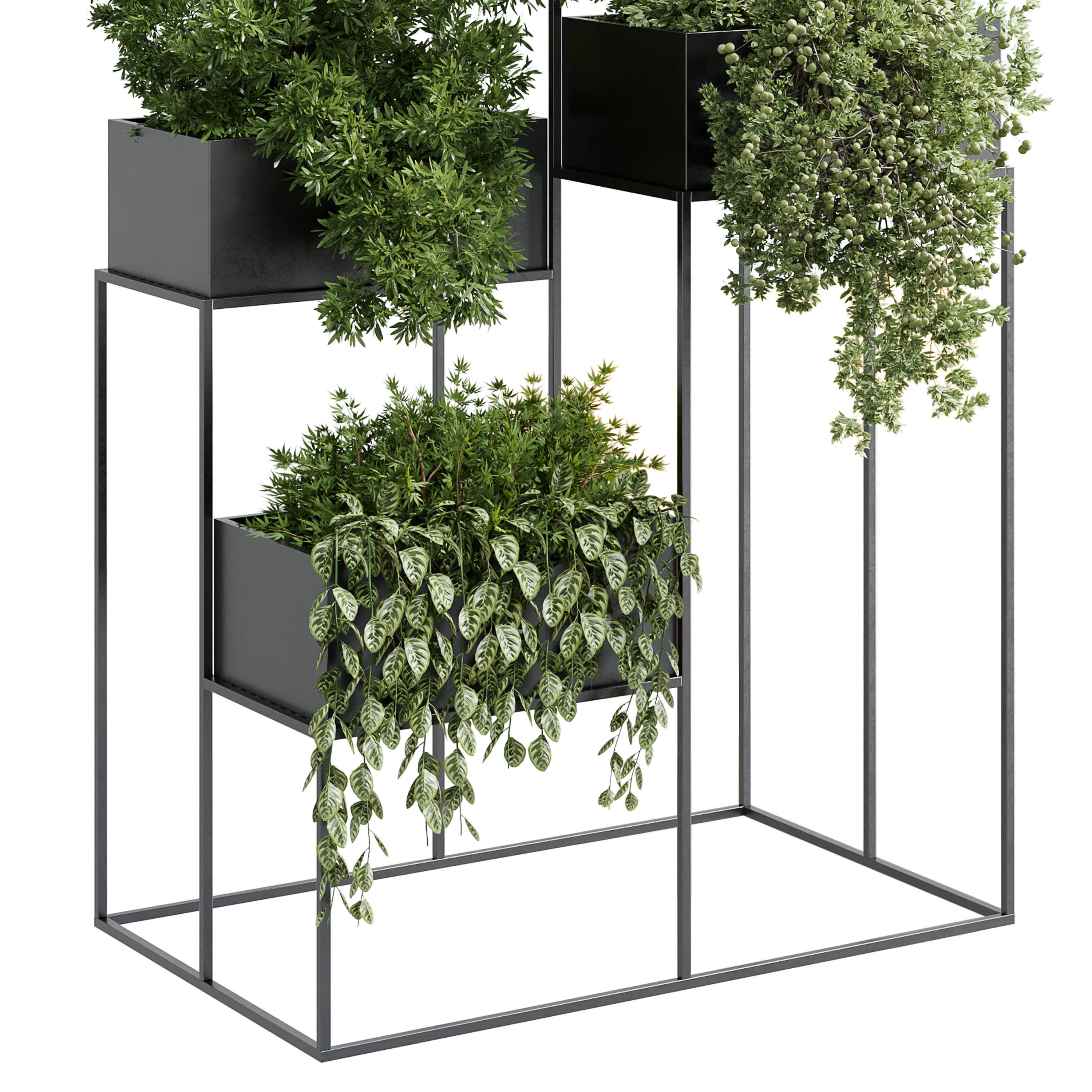 Standing metal shelf with a set of plants in metal boxes 355 Low-poly 3D model_2