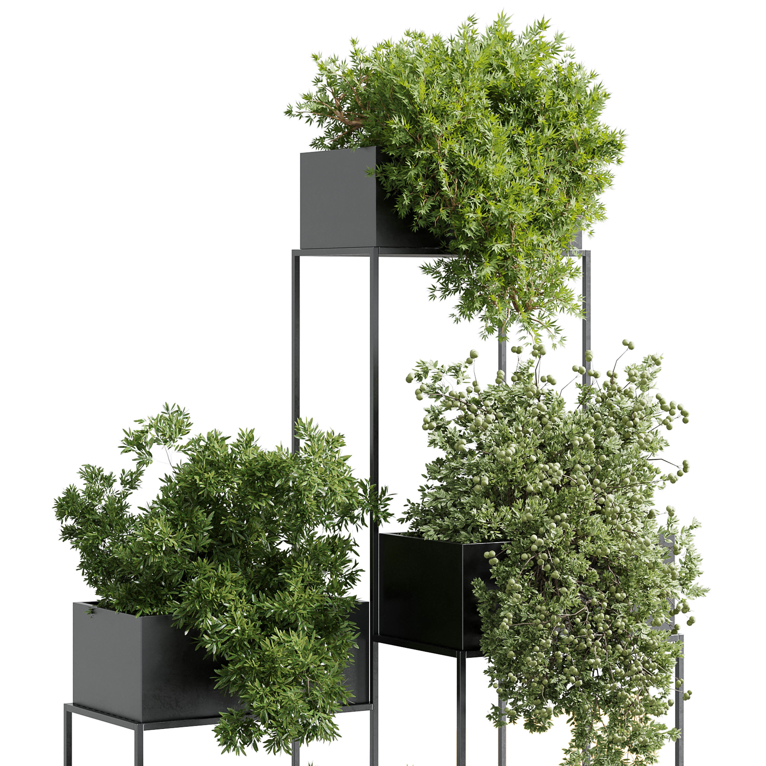 Standing metal shelf with a set of plants in metal boxes 355 Low-poly 3D model_3