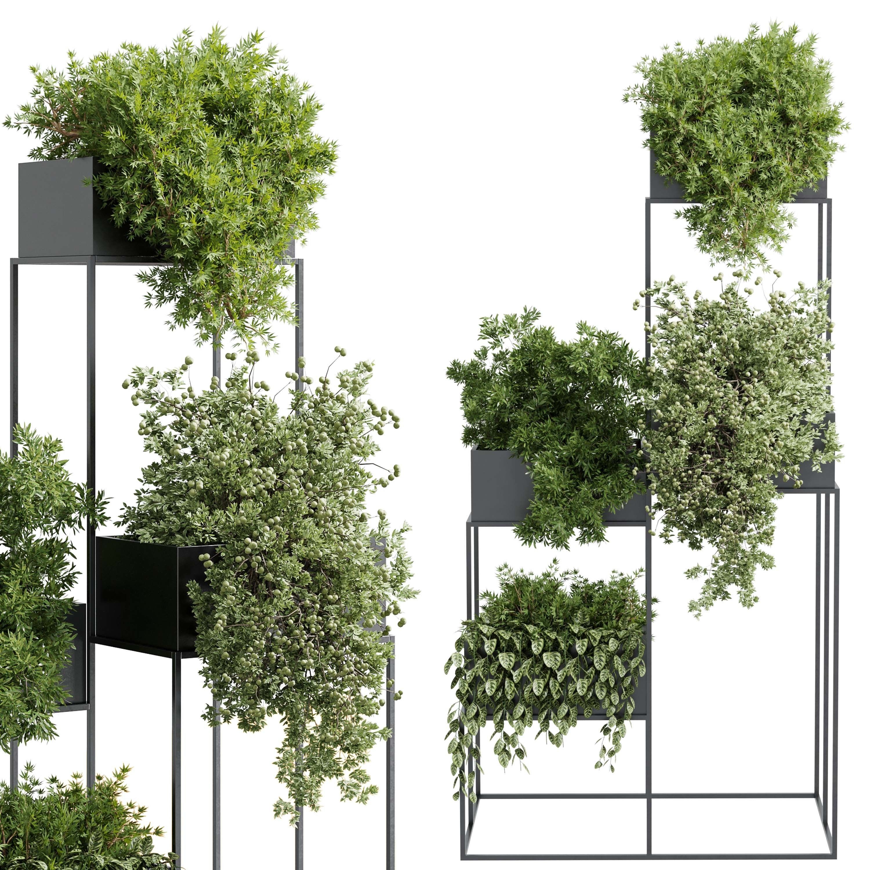 Standing metal shelf with a set of plants in metal boxes 355 Low-poly 3D model_1