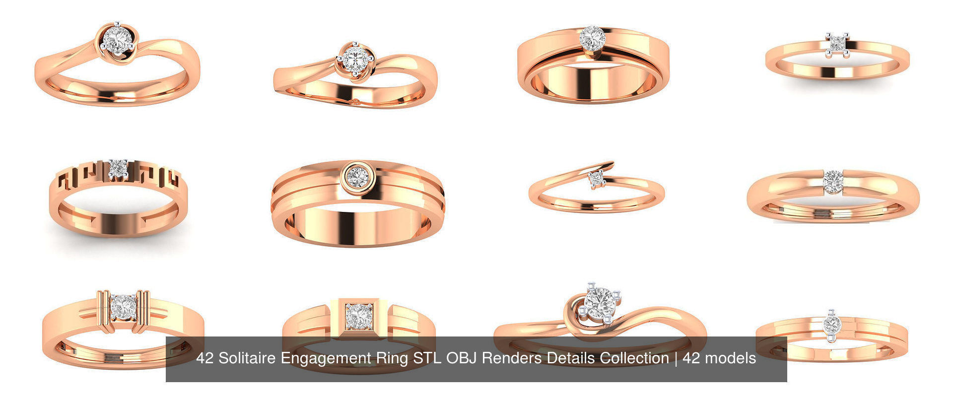 42 Solitaire Engagement Ring STL OBJ Renders Details Collection _2