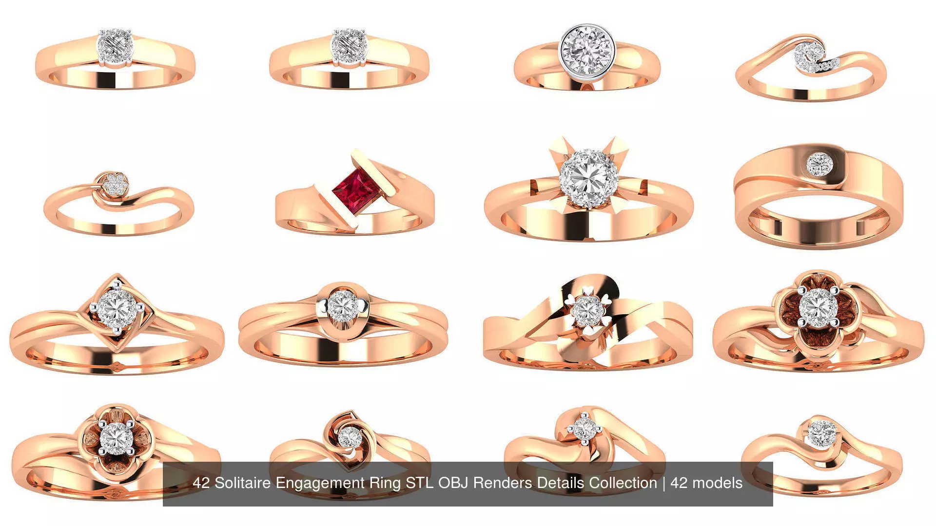 42 Solitaire Engagement Ring STL OBJ Renders Details Collection _0