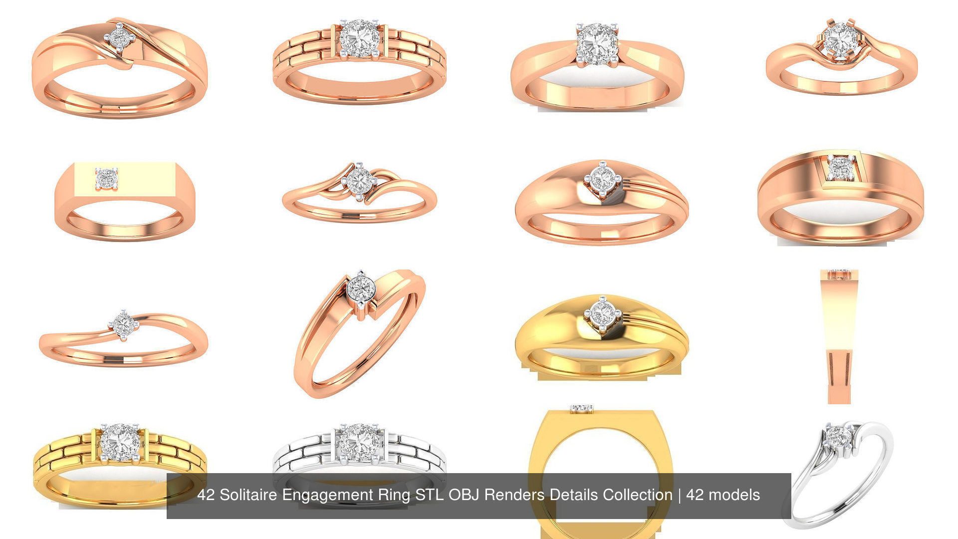 42 Solitaire Engagement Ring STL OBJ Renders Details Collection _4