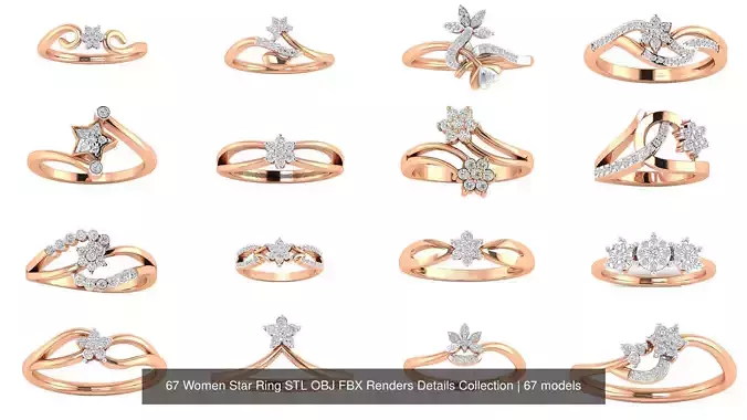 67 Women Star Ring STL OBJ FBX Renders Details Collection 