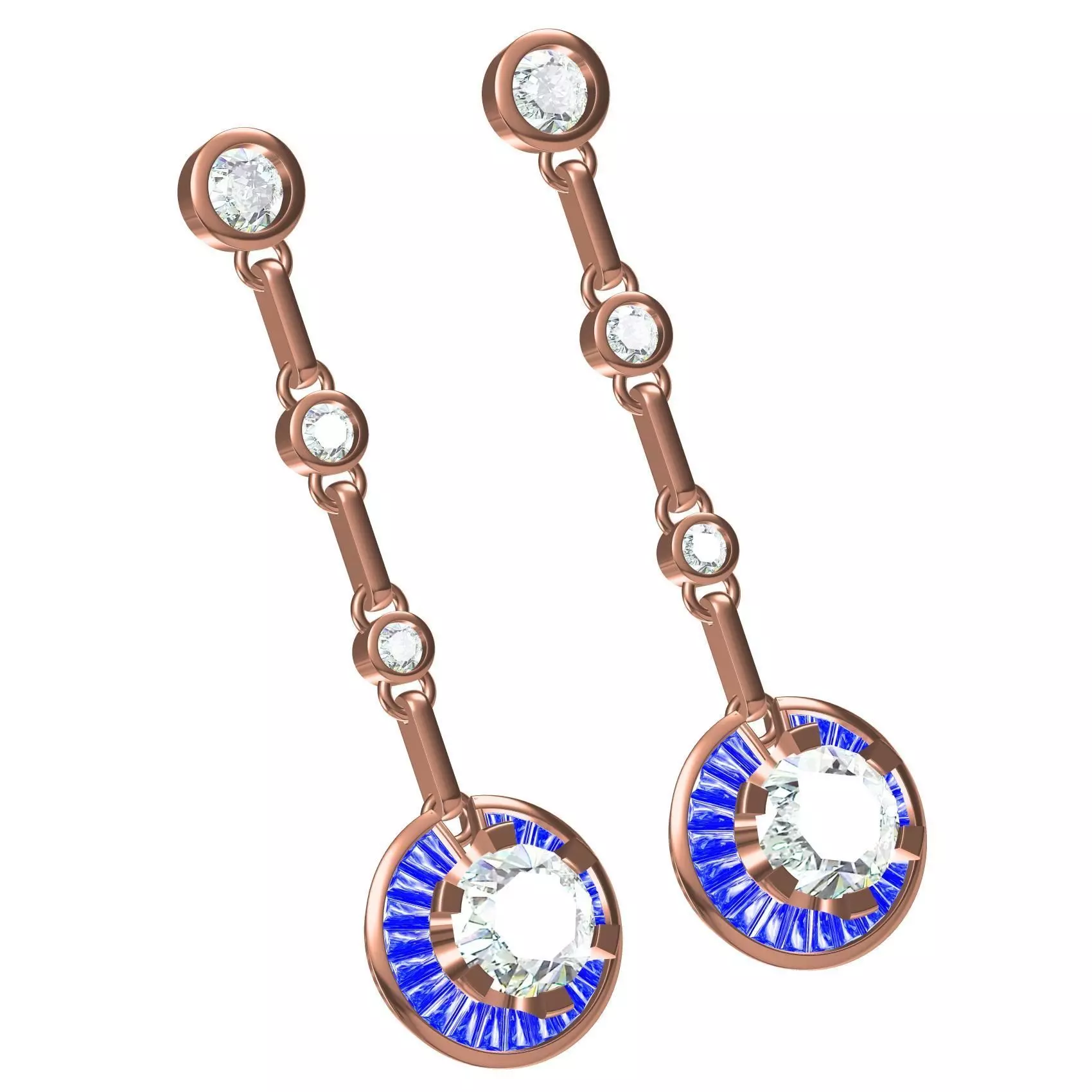 Diamond and Blue Sapphire Baguette Long Earring 3D print model