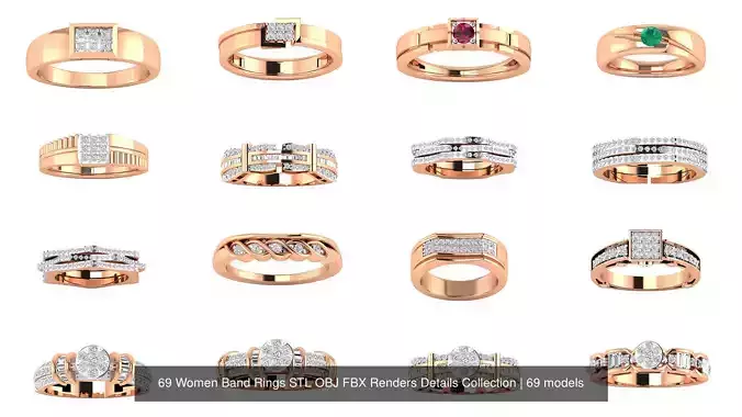 69 Women Band Rings STL OBJ FBX Renders Details Collection 