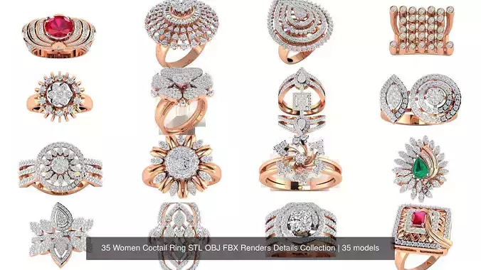 35 Women Coctail Ring STL OBJ FBX Renders Details Collection 