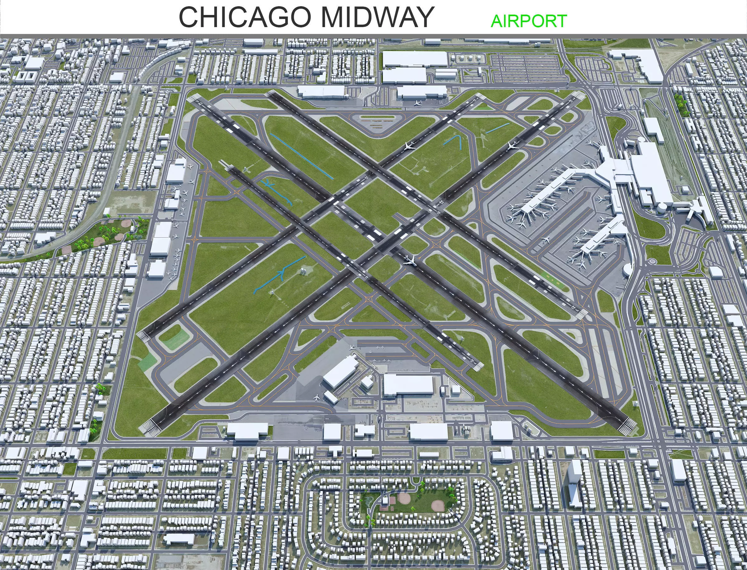 Chicago Midway Airport 10km Low-poly 3D model