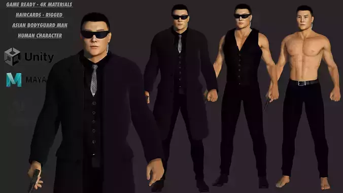 3D REALISTIC HUMAN RIGGED CHARACTER - ASIAN BODYGUARD MAN Low-poly 3D model