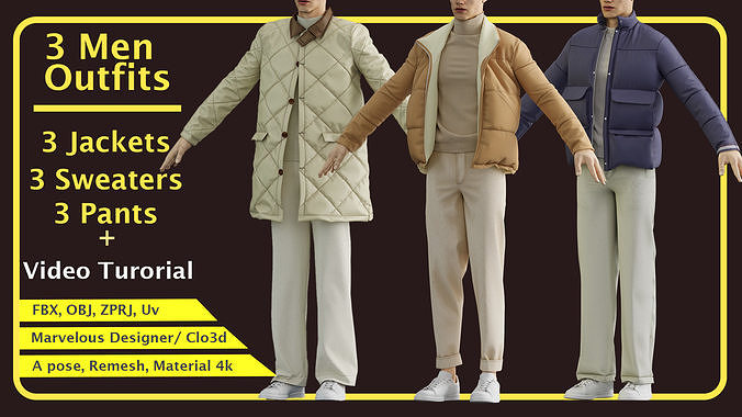 3 sets of men outfit with marvelous designer plus Video tutorial 3D model