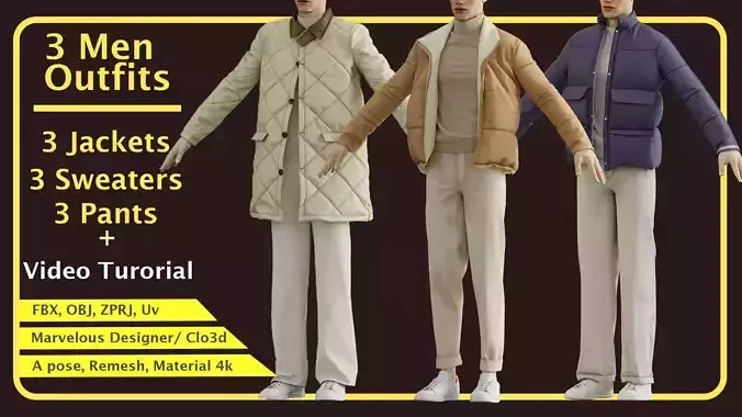 3 sets of men outfit with marvelous designer plus Video tutorial