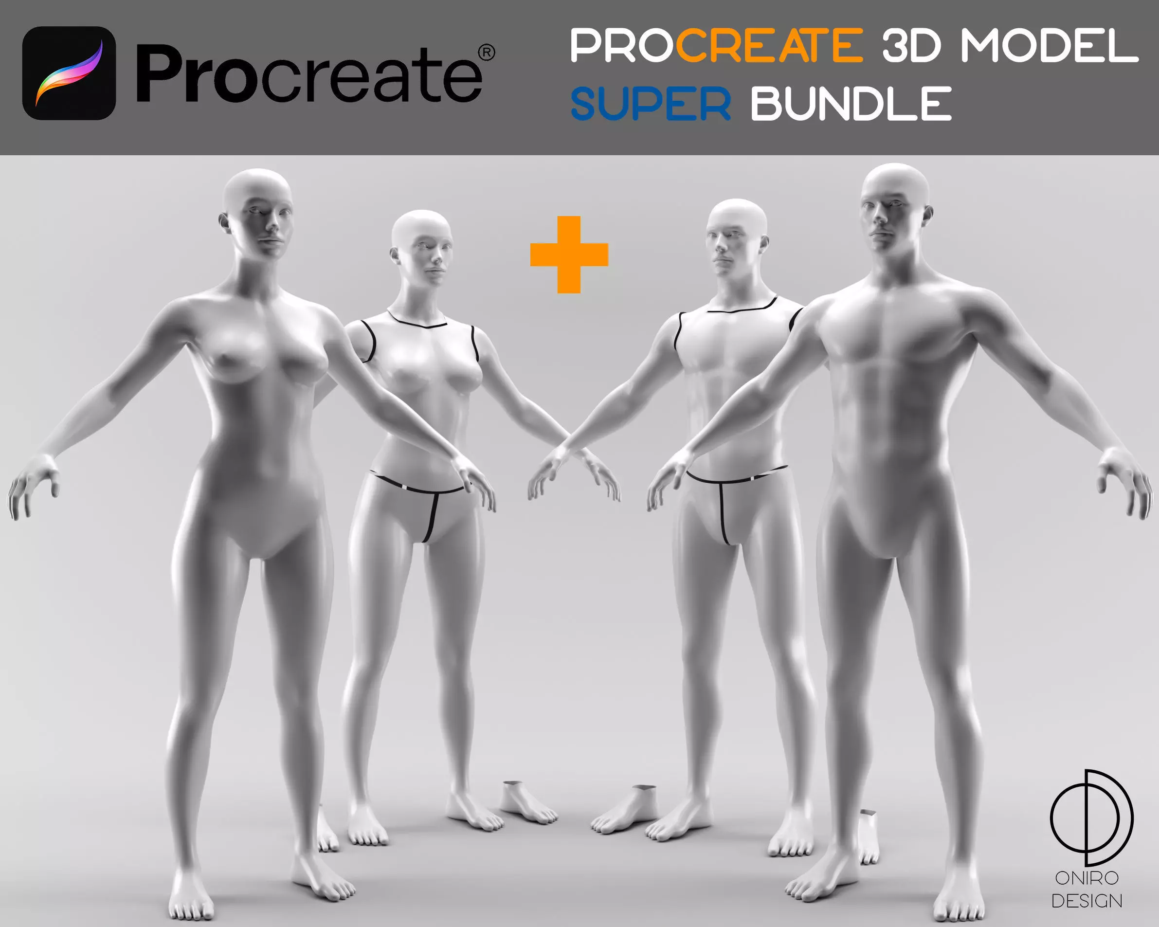 Procreate 3D Model - SUPER Body bundle - Male and Female Low-poly 3D model_0