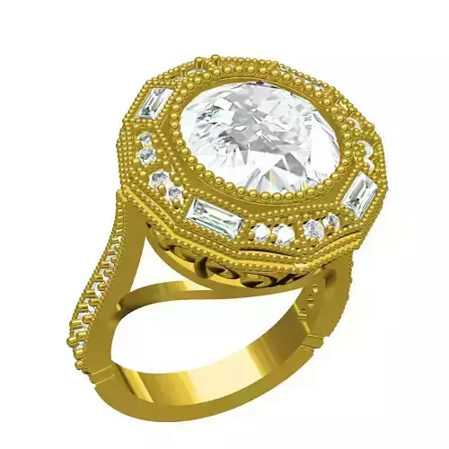 Round Diamond Halo Deco Style Engagement Ring