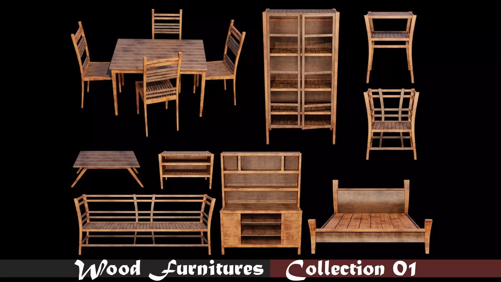 PBR WOOD FURNITURES - Collection 01  - 4K Textures Game Ready Low-poly 3D model_0