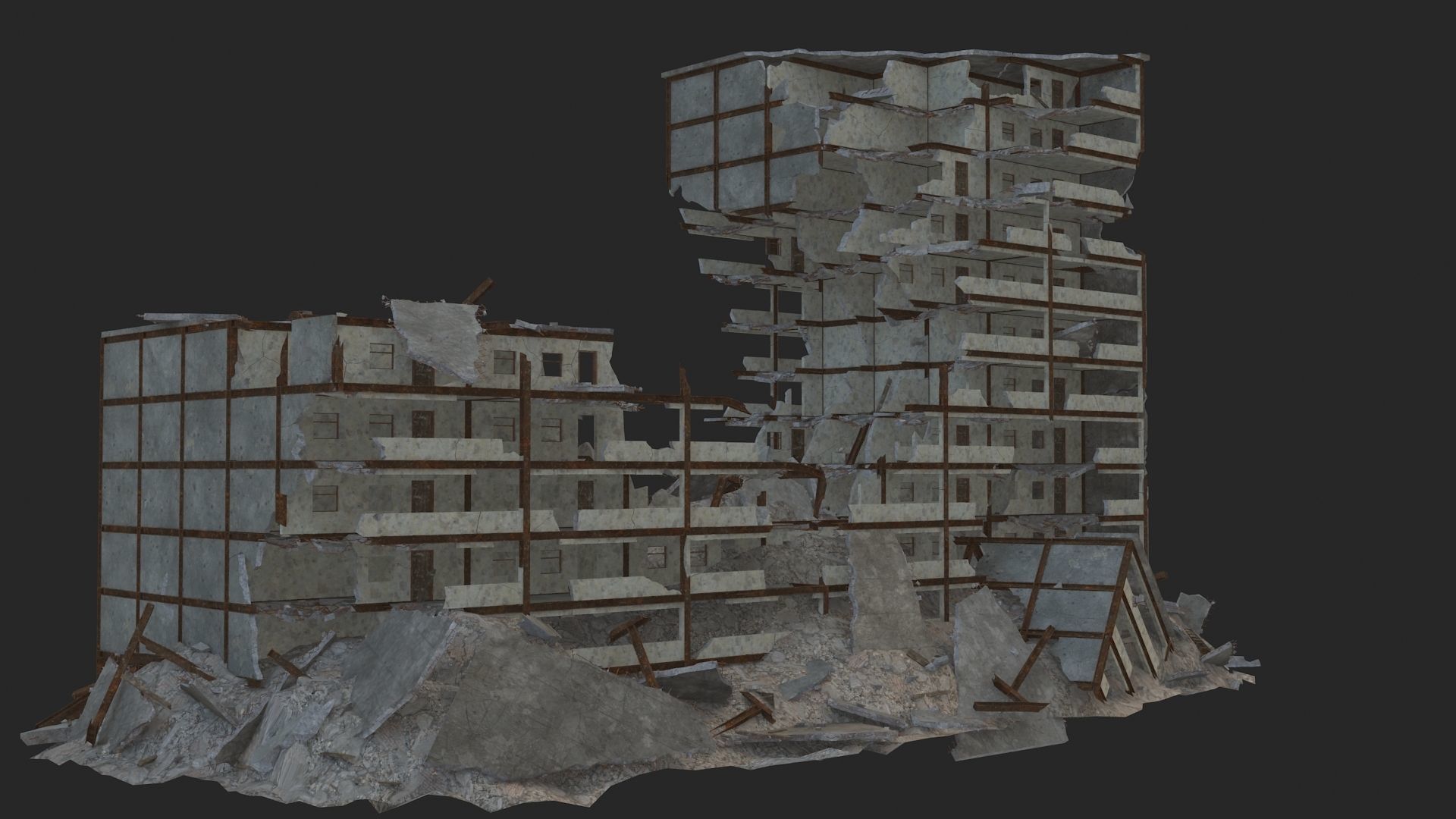 destroyed building Low-poly 3D model_2