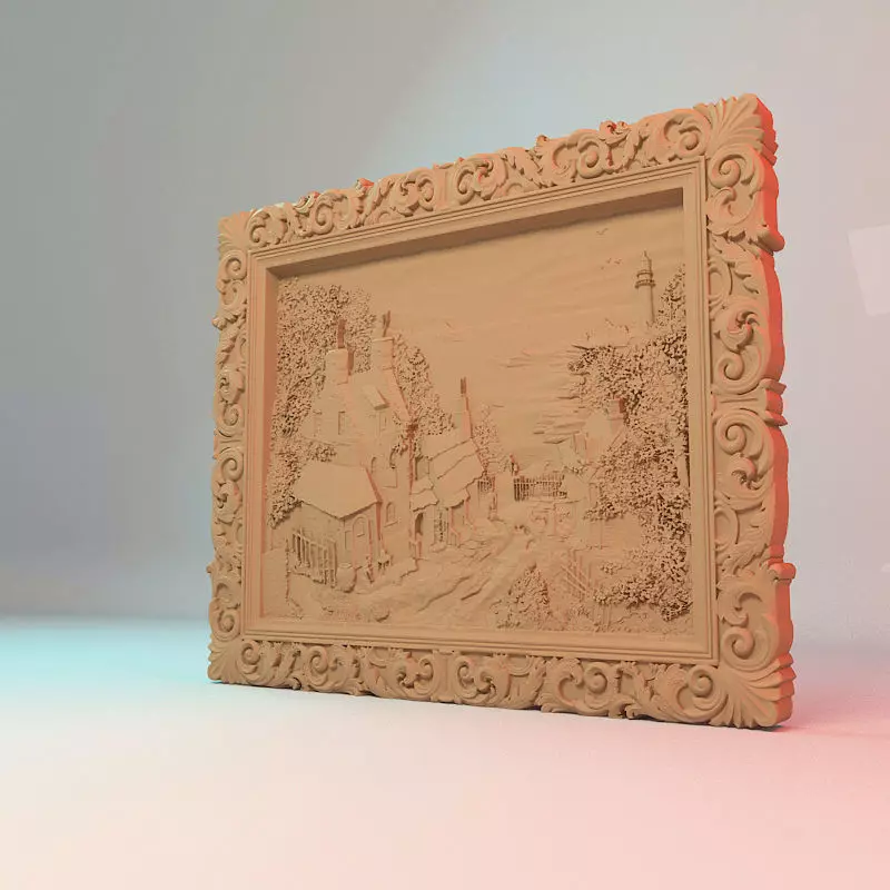 Seaside village painting 3D STL Model for Cnc users 3D print  3D print model_0