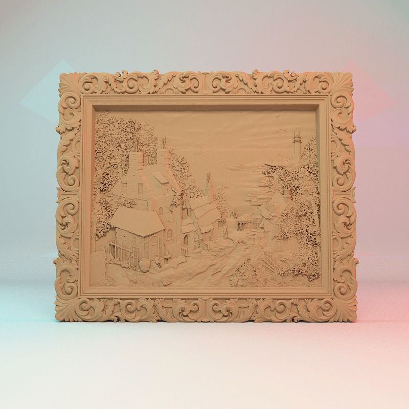 Seaside village painting 3D STL Model for Cnc users 3D print  3D print model_1