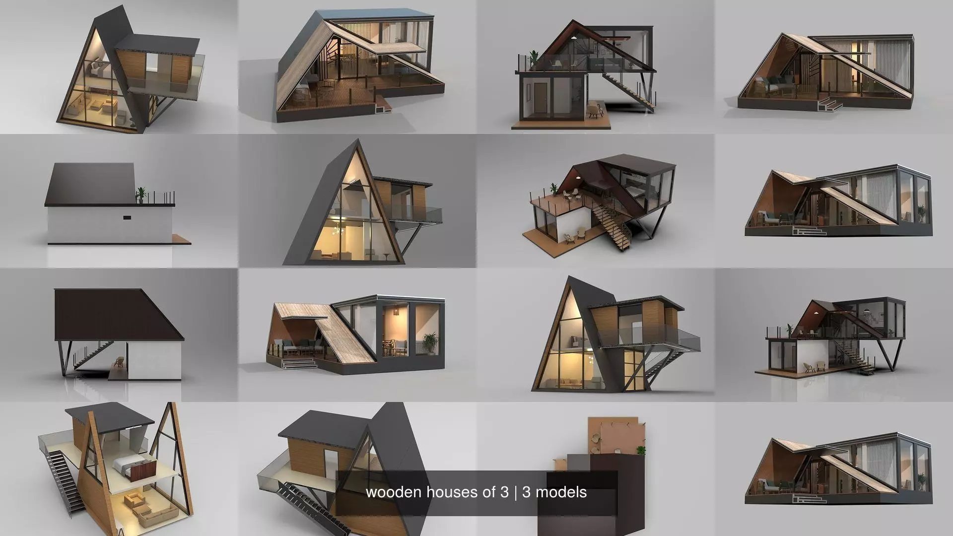 wooden houses of 3 3D Model Pack