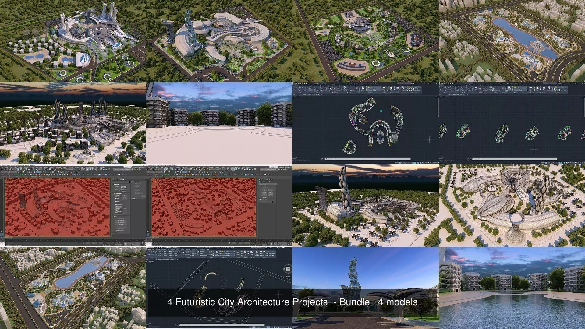 4 Futuristic City Architecture Projects  - Bundle 3D Model Collection_1