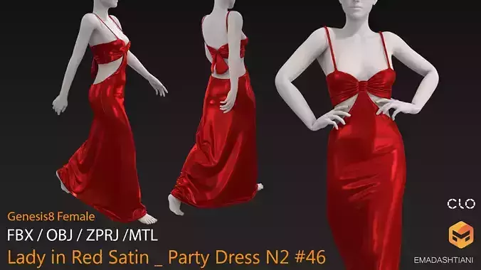 Lady in Red Satin  Party Dress N2 46 CLO3D ZPRJ FBX OBJ MTL