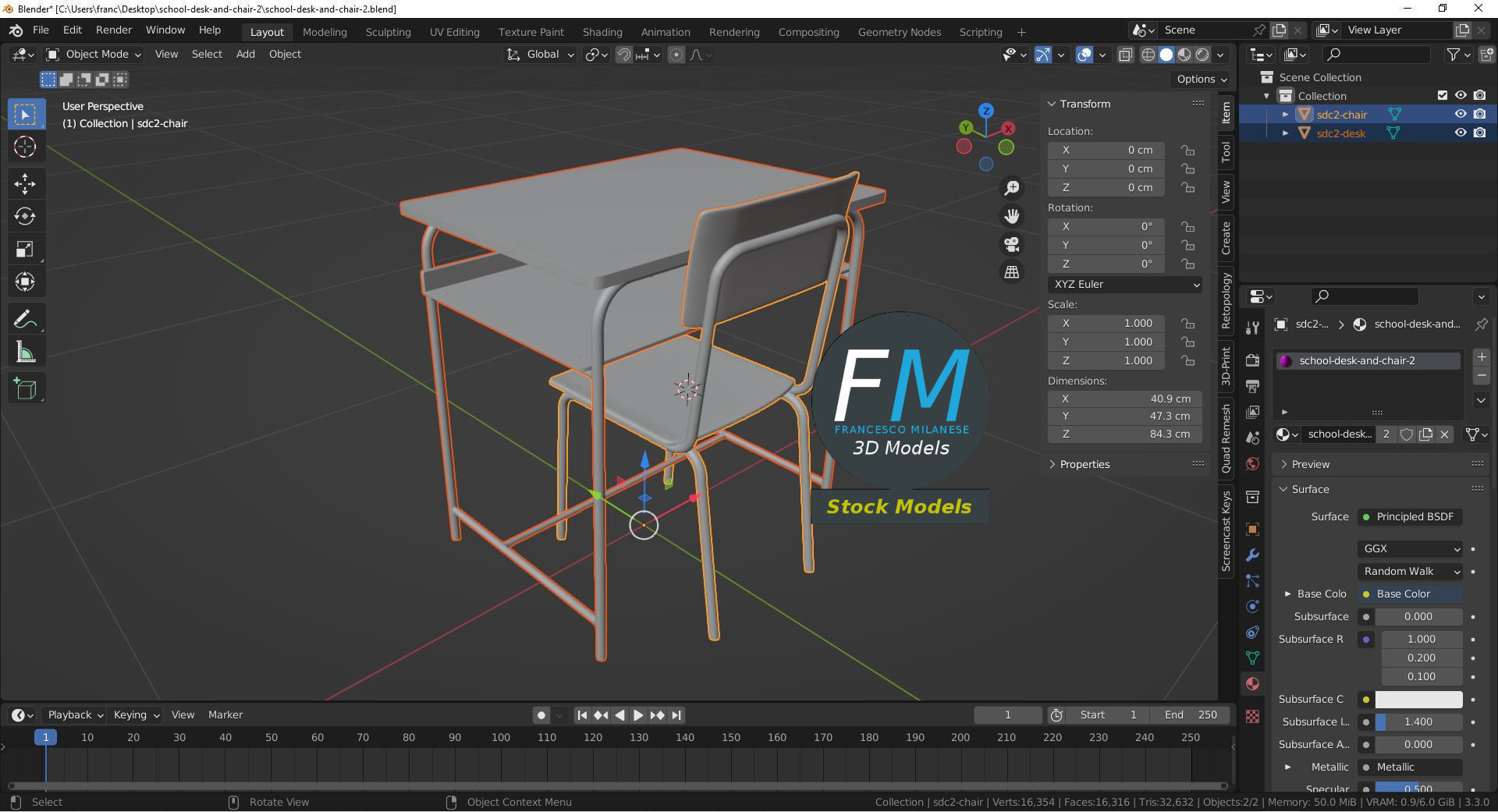 School desk and chair 2 3D model_9