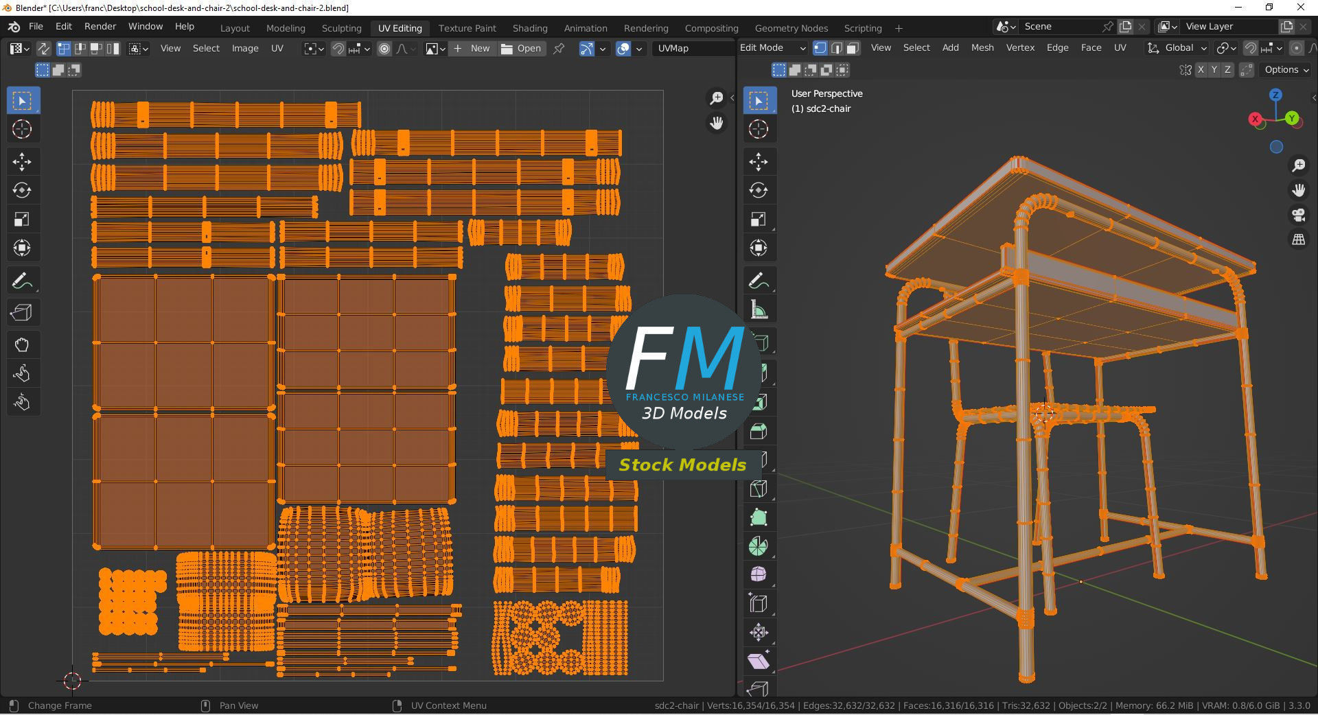School desk and chair 2 3D model_10