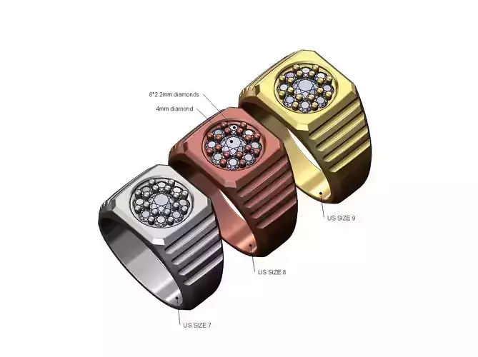 Square top round cluster diamond undulated signet US sizes 7 8 9