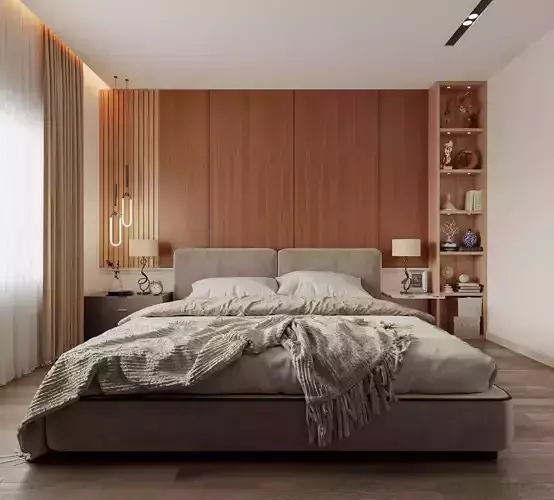 Bedroom interior scene 3D model warm lighting