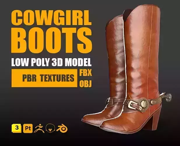 Leather Cowgirl Boots Low-poly 3D model PBR Textures Low-poly 3D model