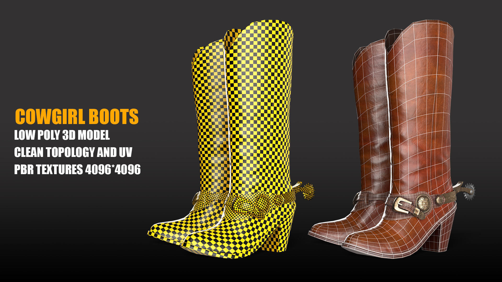 Leather Cowgirl Boots Low-poly 3D model PBR Textures Low-poly 3D model_3