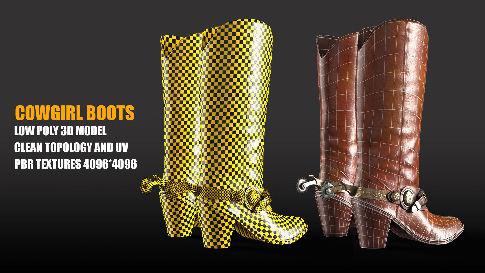 Leather Cowgirl Boots Low-poly 3D model PBR Textures Low-poly 3D model_4