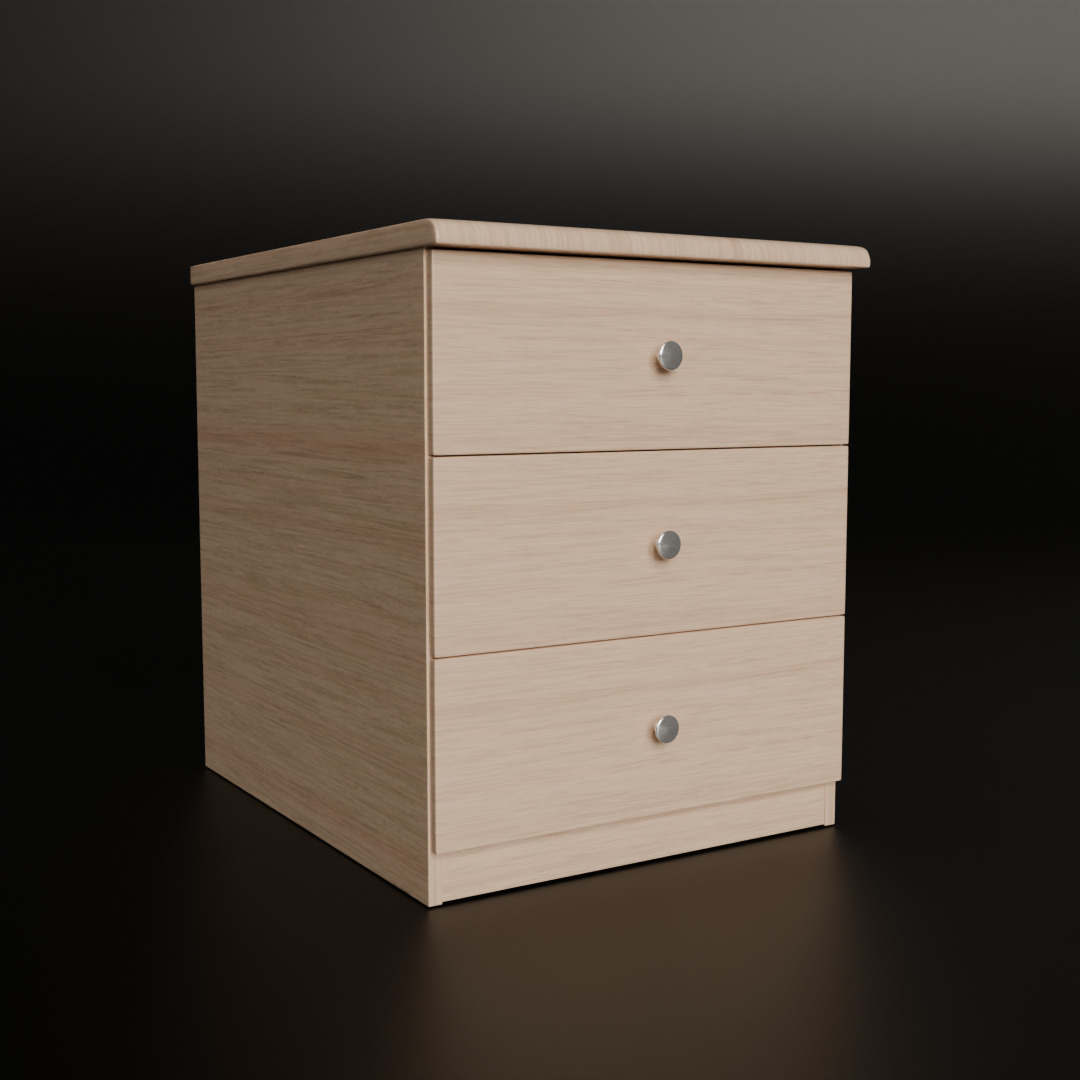 White Oak Three Drawer Bed Side Drawer Low-poly 3D model_1