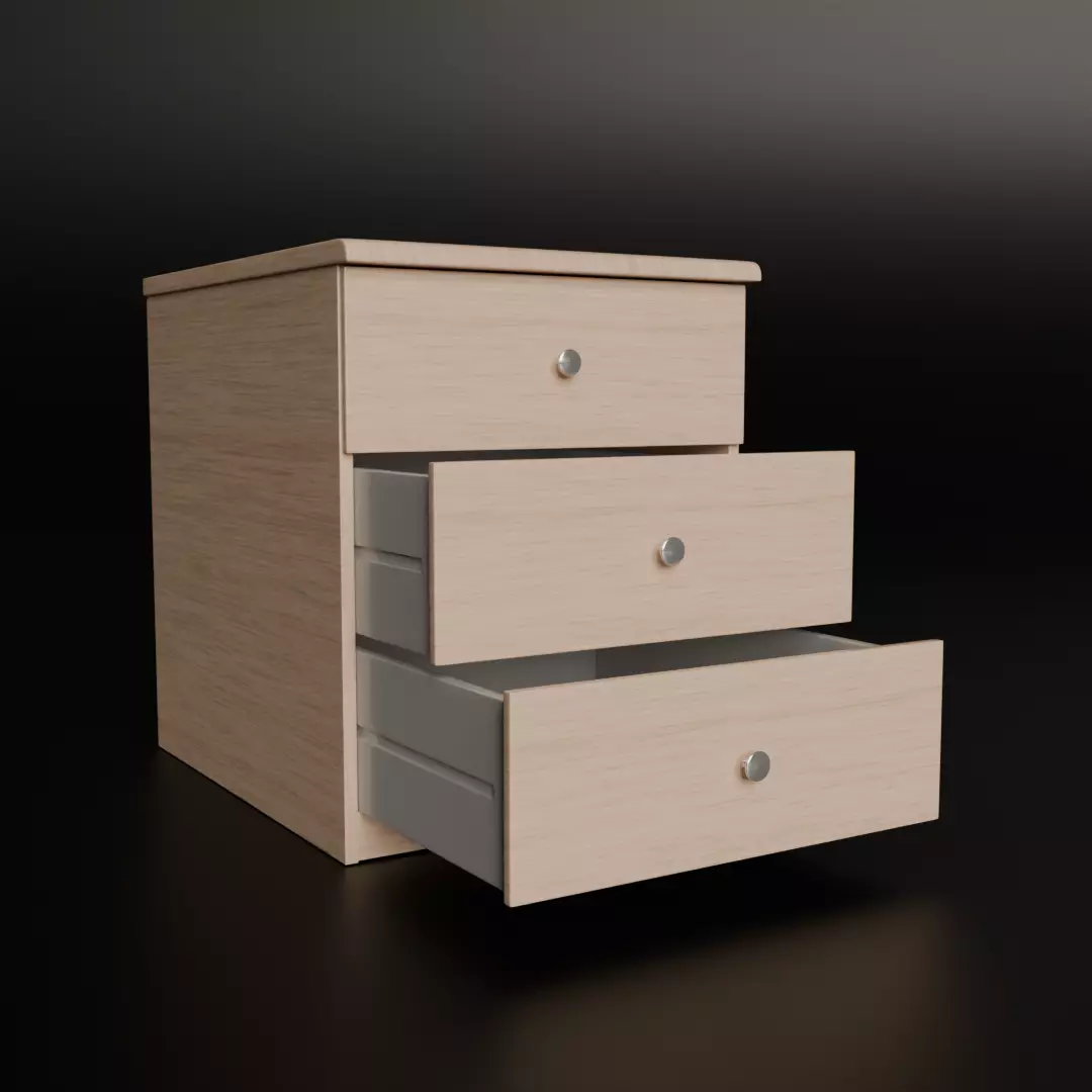 White Oak Three Drawer Bed Side Drawer Low-poly 3D model_0
