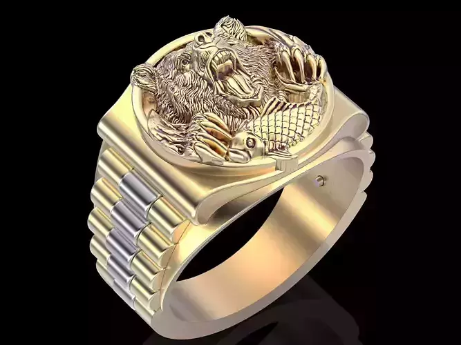 Bear and fish Man Ring gold printable jewelry